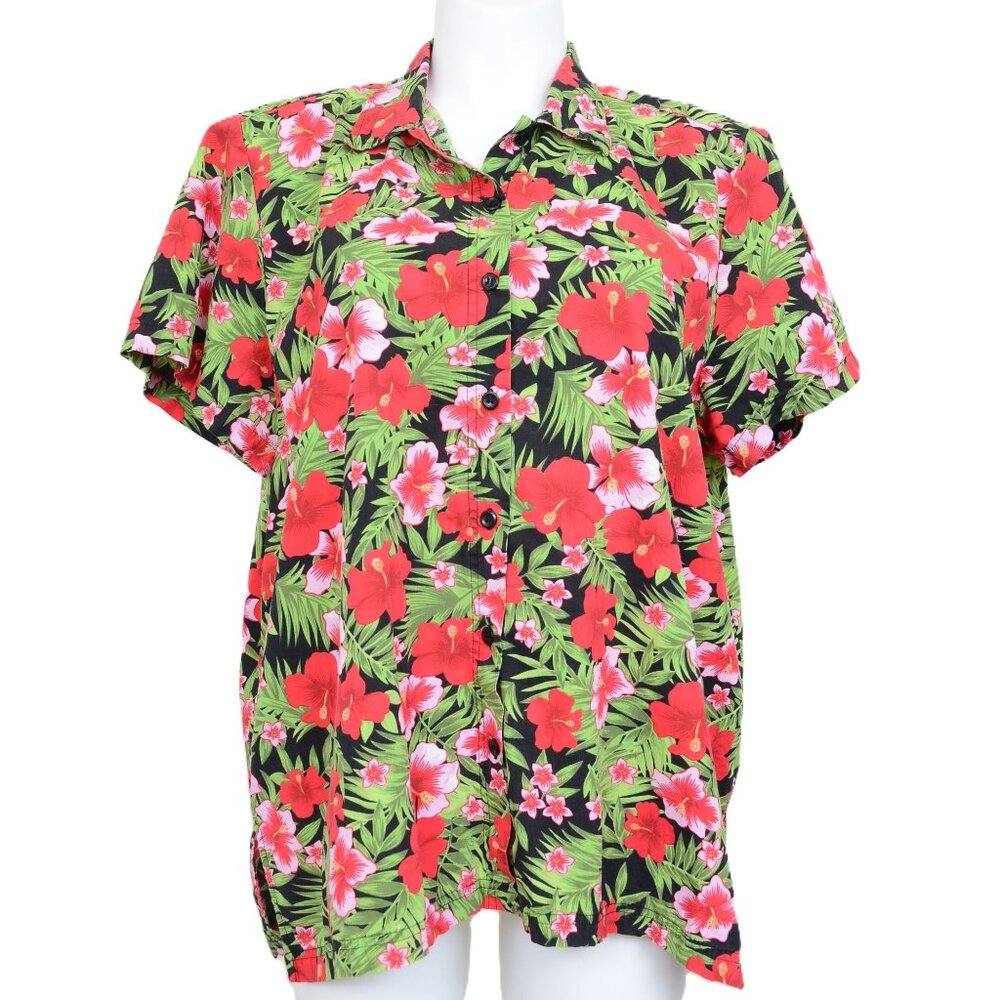 Victoria Jones Woman PLUS Size 2X RED Hibiscus Kawaii Button Down Shirt Travel